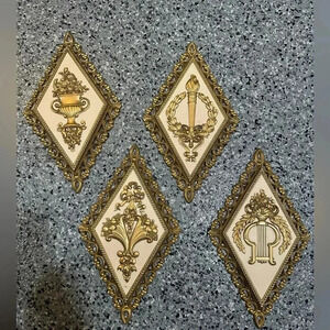 VTG SET OF 4 HOMCO GOLD DIAMOND SHAPED WALL PLAQUES ORNATE MCM SYROCO #7224-7227